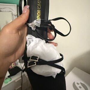 Fashion Nova Black Strappy Sandals with Rhinestone Buckle